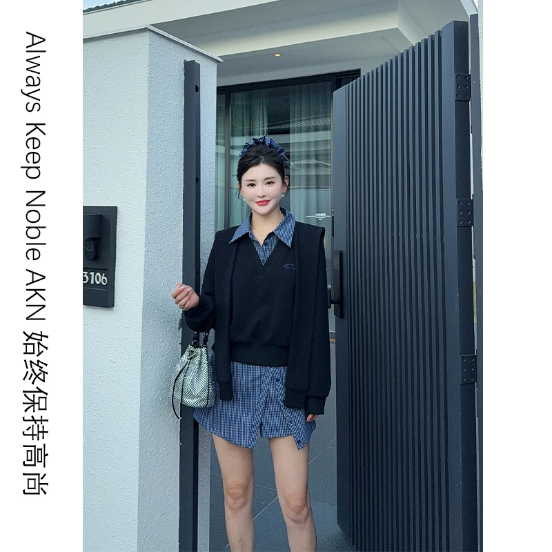 艾珂妮8069【两件套】学院休闲风格子衬衫领拼接卫衣裙裤套装