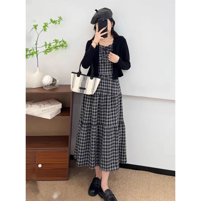2025夏法式茶歇气质复古减龄针织披肩上衣+格子吊带+半身裙三件套