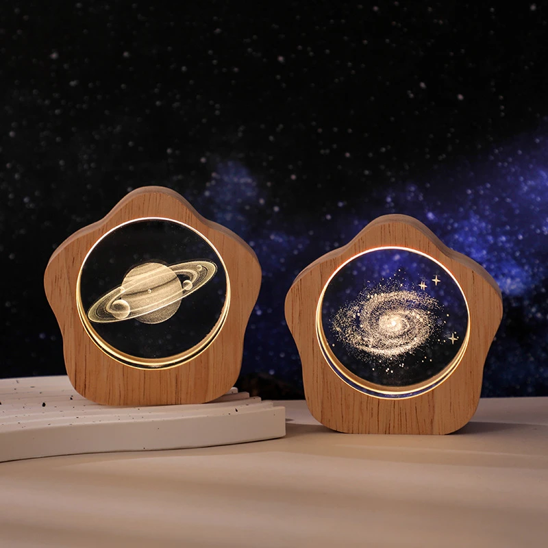 木质发光底座3d内雕水晶小夜灯银河系太阳系创意桌面摆件礼品