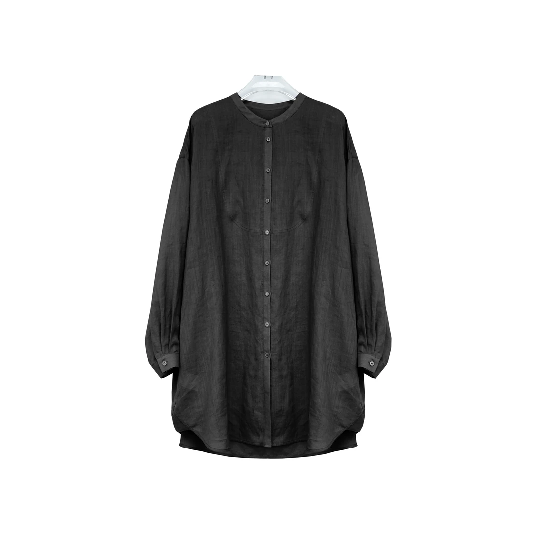 大码胖mm纯苎麻百搭精致纯色小立领长袖中长款衬衣8992