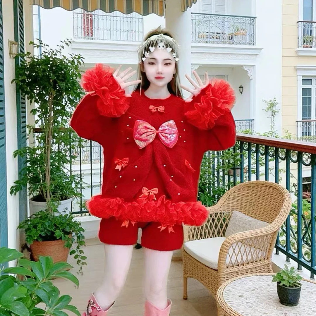 【面条仙仙】3898#原创新年慵懒甜美风红色蝴蝶结毛衣短裤套装