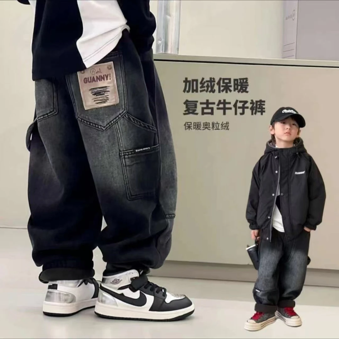 【年款】潮童定制大口袋后贴标韩版中大童加绒牛仔裤008