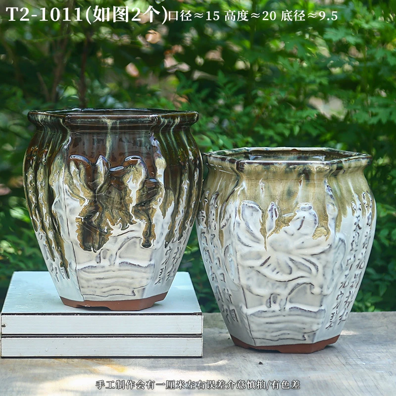 T2-1011宜兴紫砂红陶双耳大号老桩陶罐粗陶花盆透气万能盆花盆