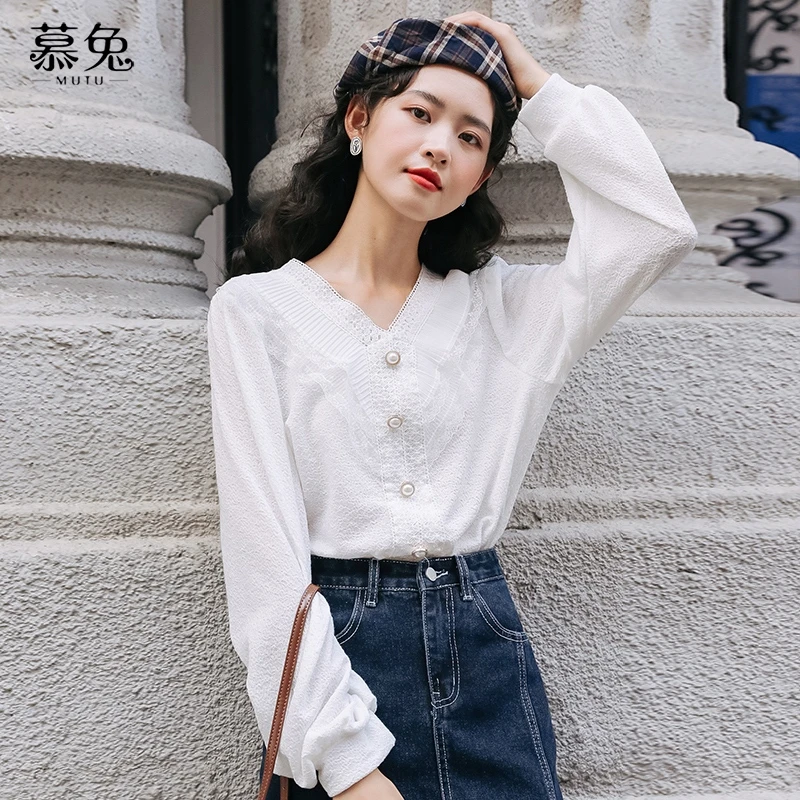 【小铃铛】MTA280设计感v领蕾丝花边上衣女小众白色泡泡袖衬衫