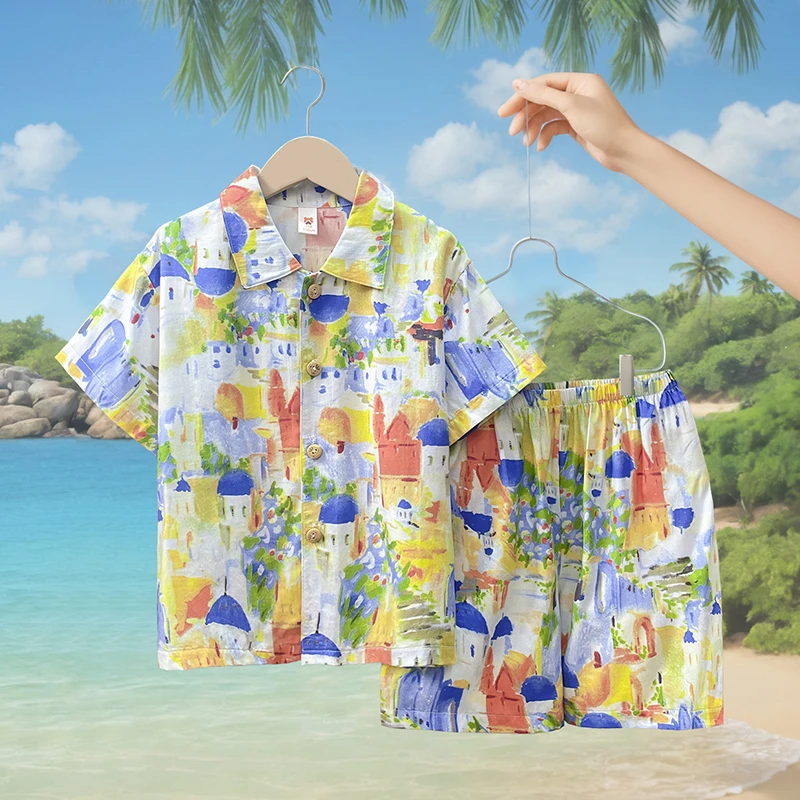 【新款绵绸短袖套装】夏季绵绸睡衣男童短款套装透气舒适凉感卡通