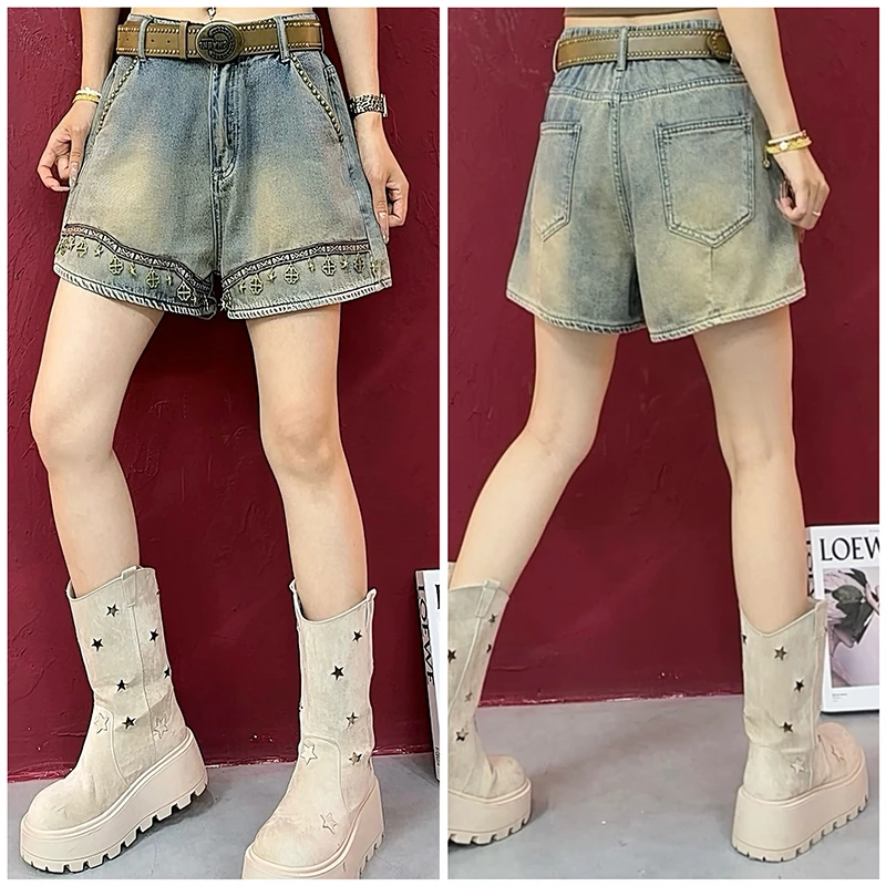 2025新款欧版时尚百搭显瘦刺绣韩版复古气质高腰显瘦牛仔短裤-795