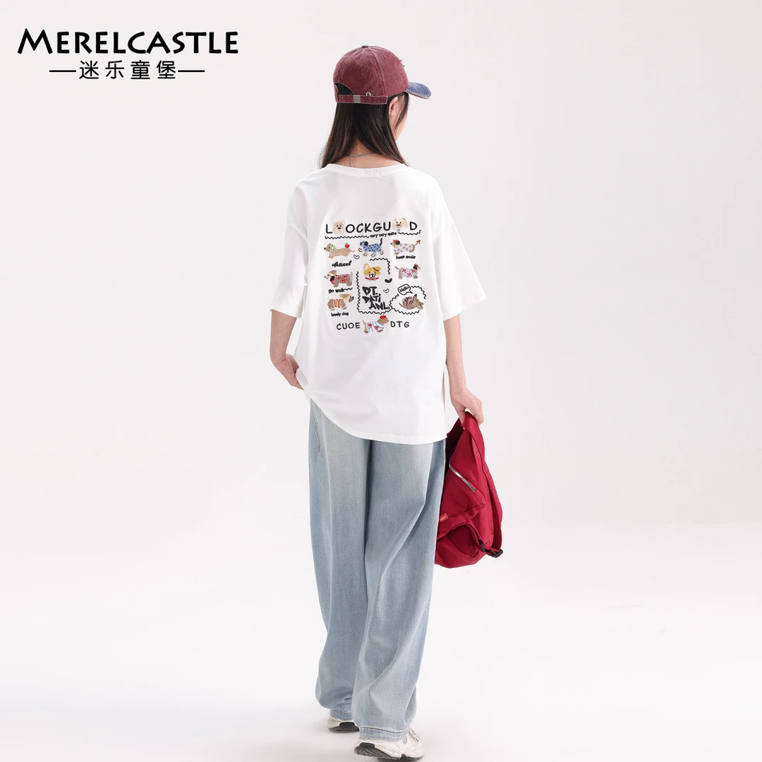 C4696女童2025夏季新款韩版休闲短袖T恤大童夏装卡通宽松上衣