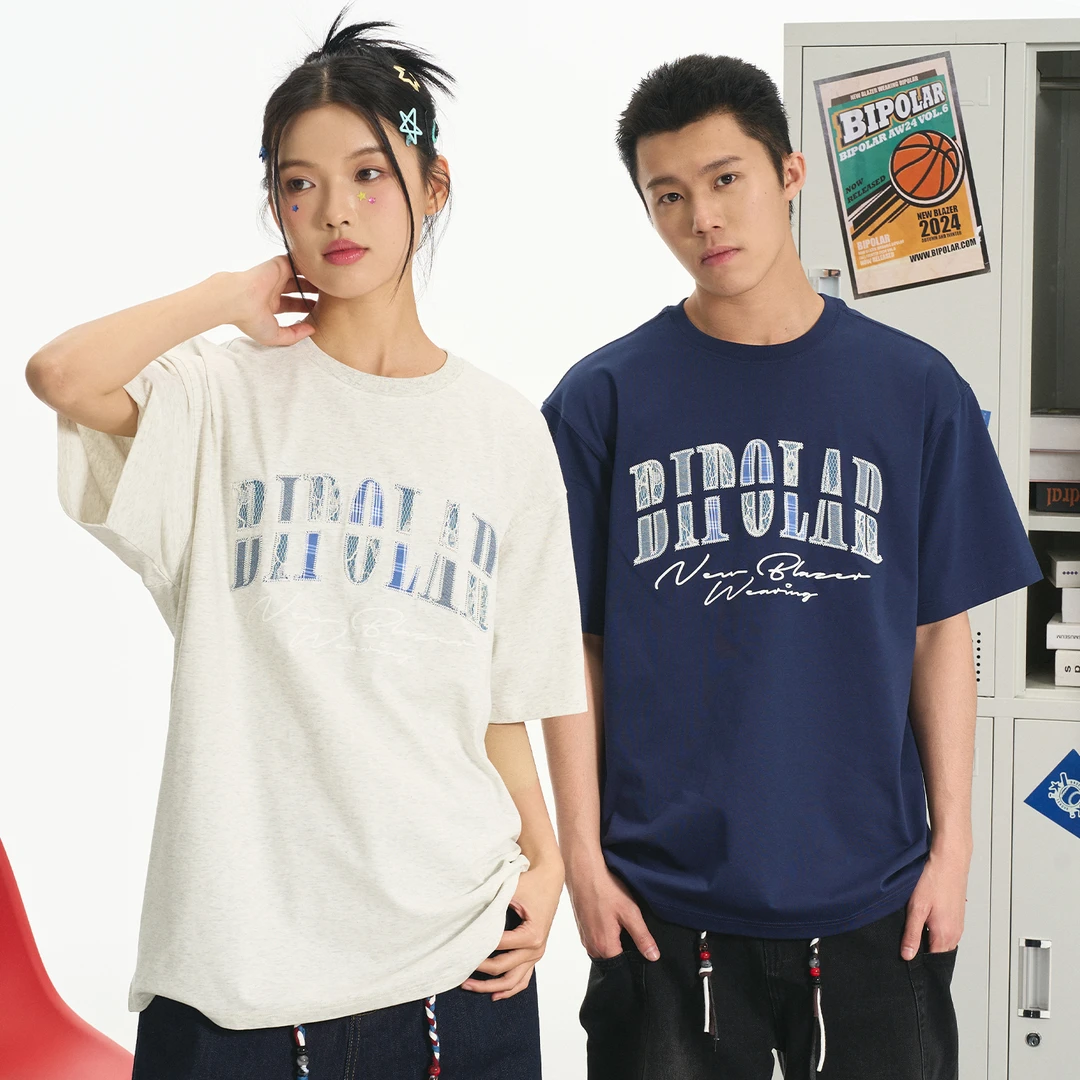 BIPOLAR牛仔蕾丝格纹三拼圆领宽松复古国潮情侣短袖11Z044