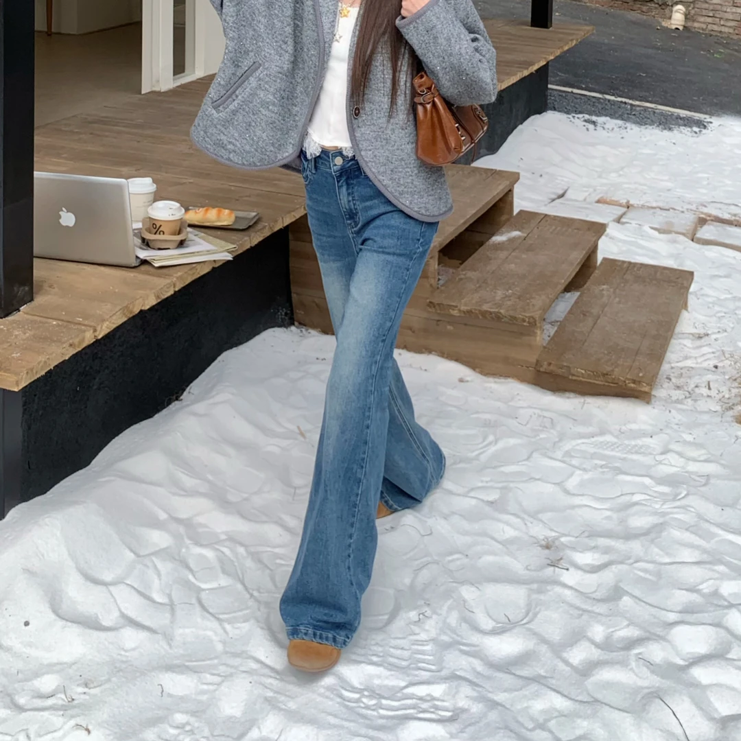 赵小小【好瘦！视觉魔法】XL-99014 加绒蓝色微喇牛仔直筒宽松猫须裤