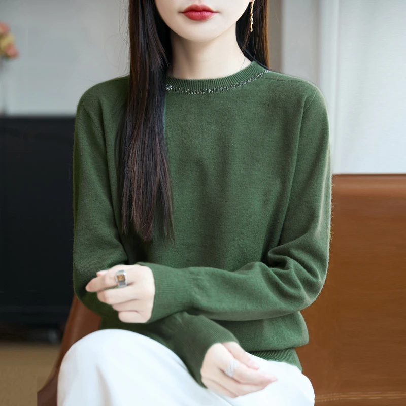热卖款新款重工烫钻长袖针织衫女圆领打底衫内搭宽松显瘦上衣210