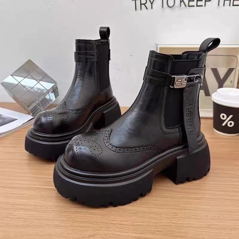 马丁靴女英伦风2025秋冬款真皮松糕小个子厚底欧货短靴女松紧女靴