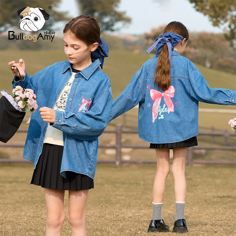 女童蝴蝶结牛仔衬衫2025春装新款中大童装儿童外套小女孩上衣