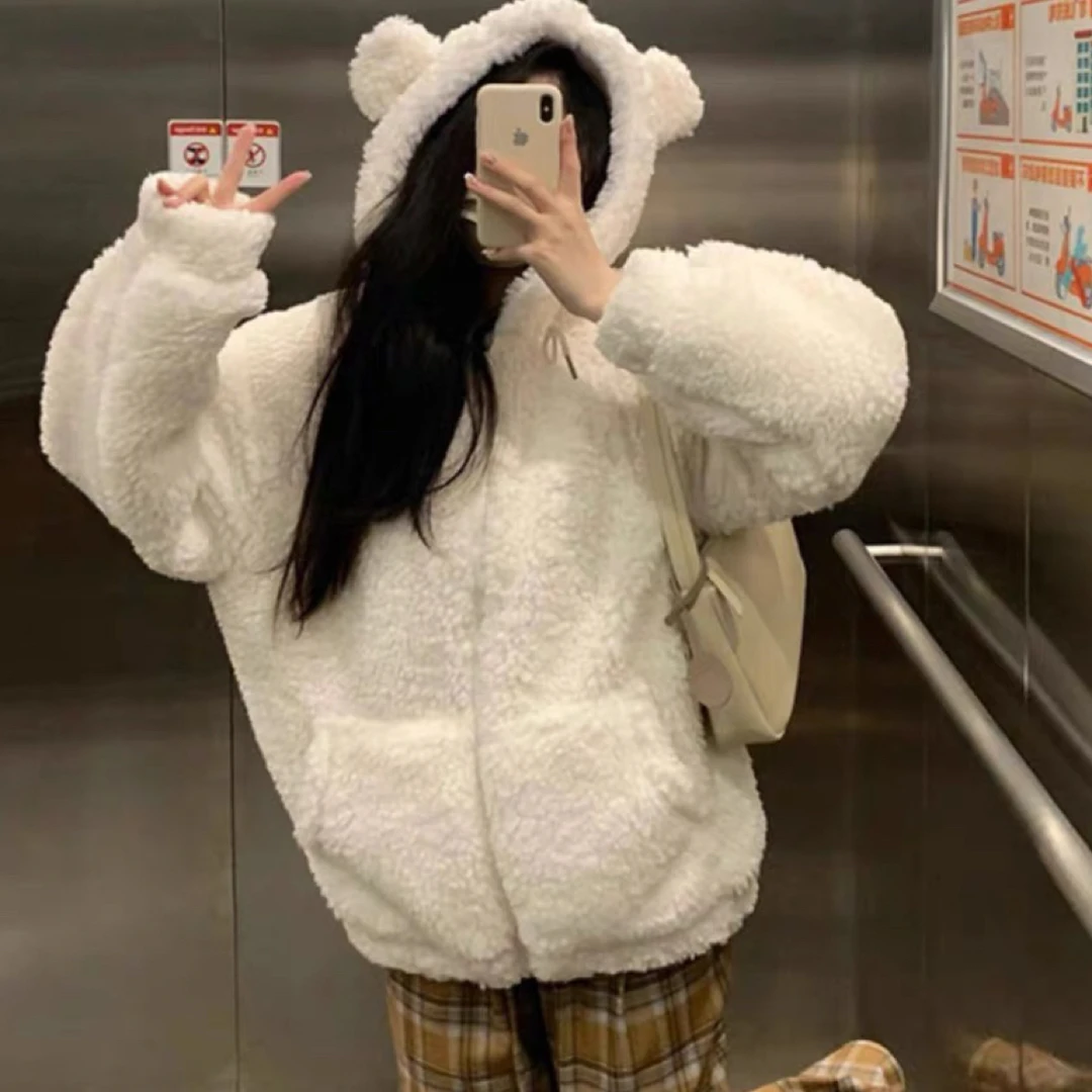 5895 美式毛毛小熊耳朵连帽加厚外套样板