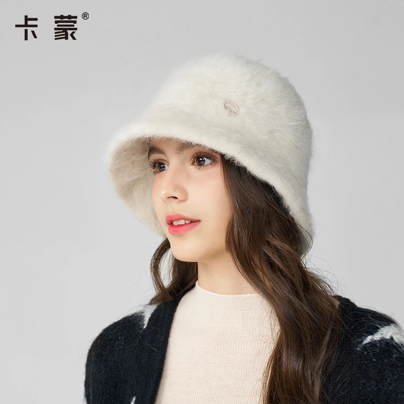 卡蒙一体编织兔毛绒渔夫帽女大头围气质护耳圆顶毛茸茸盆帽显脸小