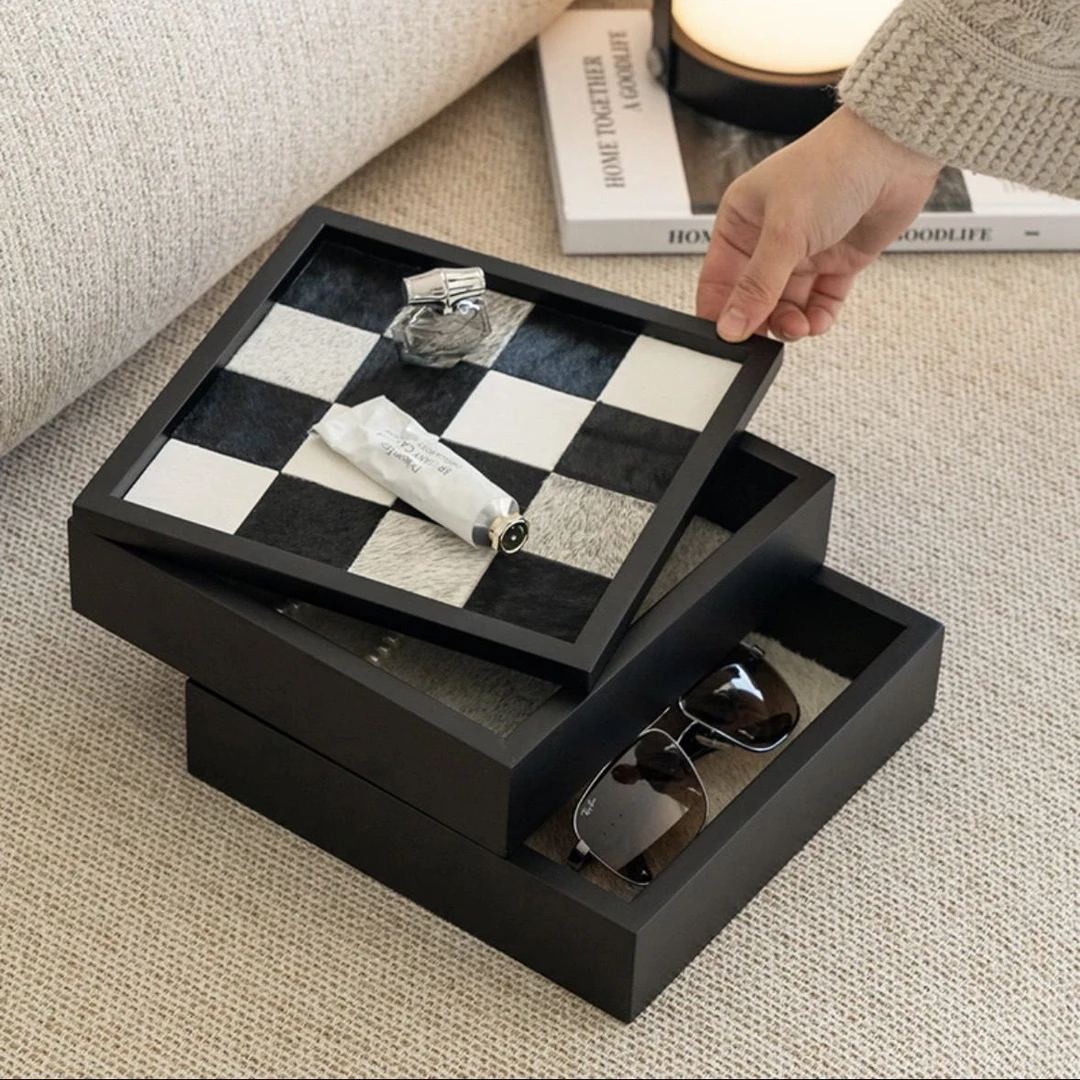 法式马毛棋盘格首饰盒高档精致卧室衣帽间简约轻奢复古家居收纳盒