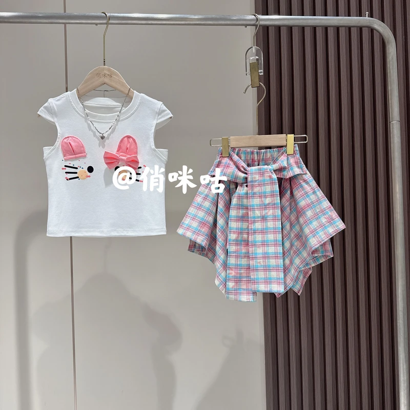 女童套装夏季新款洋气甜美猫咪蝴蝶结小飞袖上衣彩色格子裙两件套