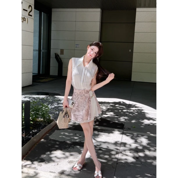 【梦梦服饰】设计感气质国风白色无袖衬衫女+半裙