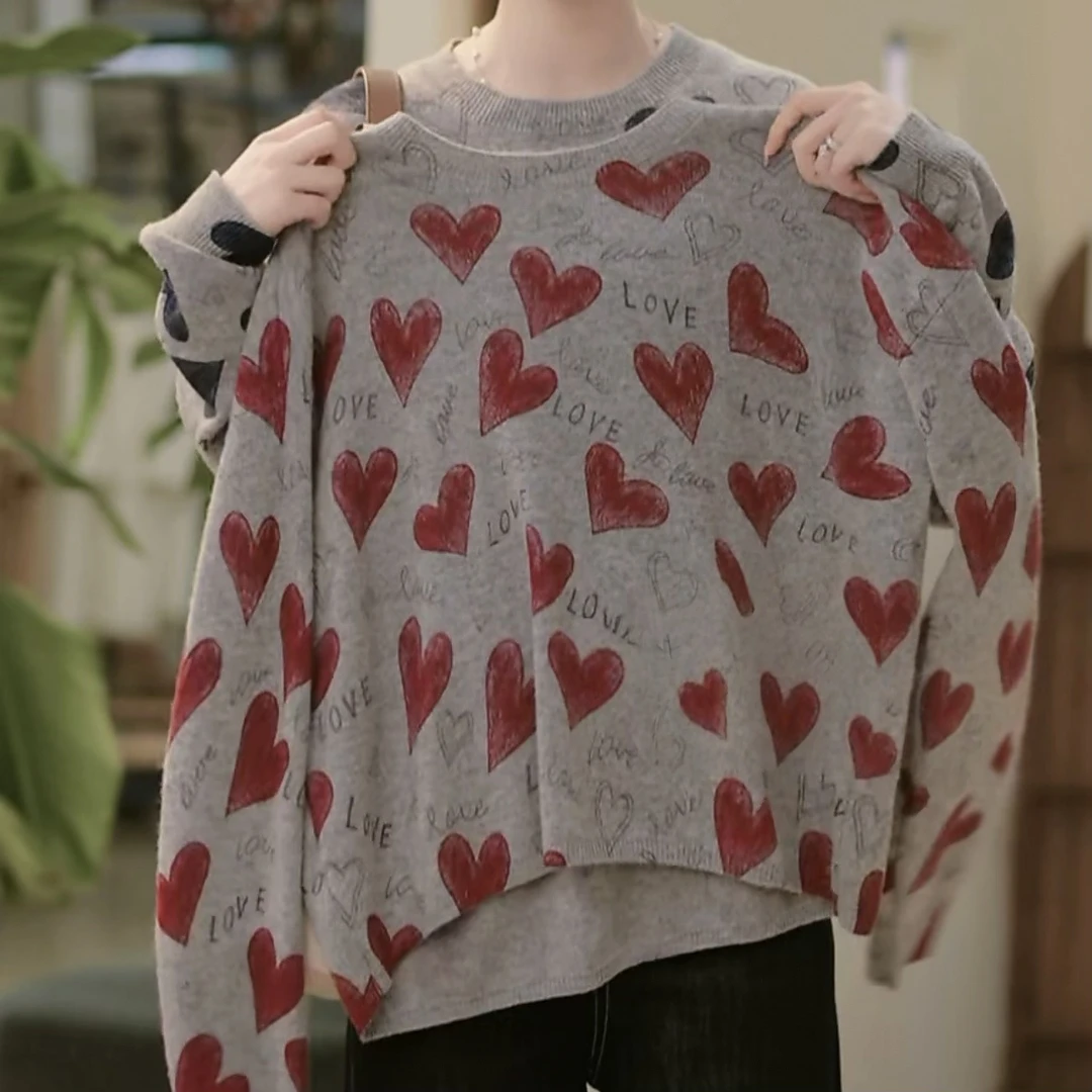 慵懒风气质宽松氛围感针织衫2025秋季设计感减龄套头爱心字母毛衣