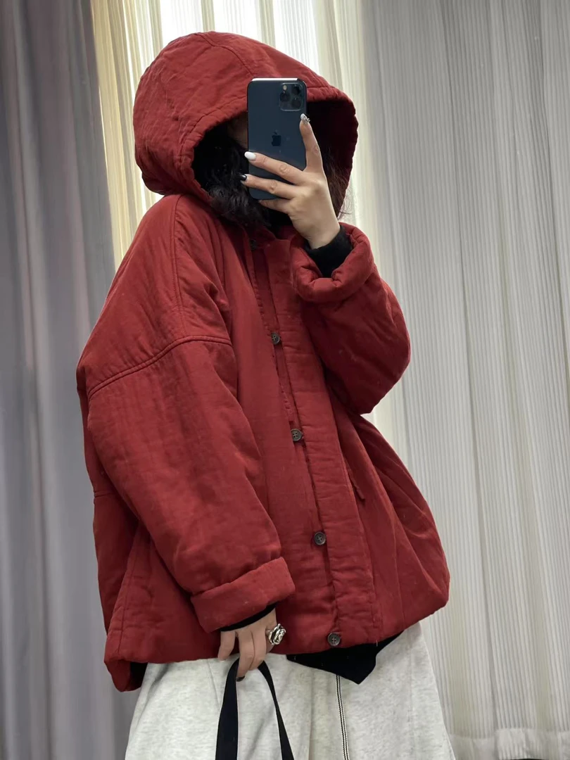 【若汐女装】欧版宽松休闲百搭连帽加厚保暖双纱棉服22313