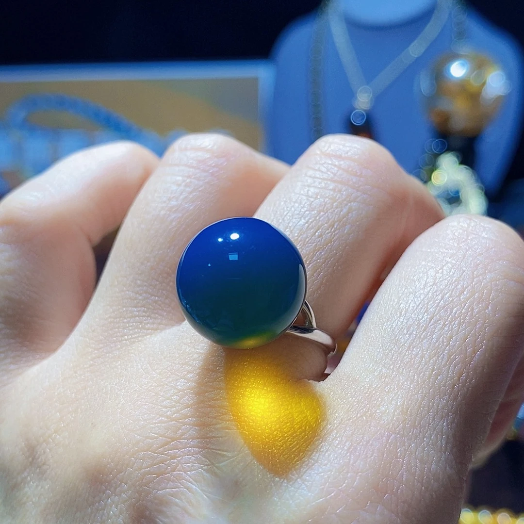 蓝珀银S925镶嵌戒指15m高蓝净水简约款