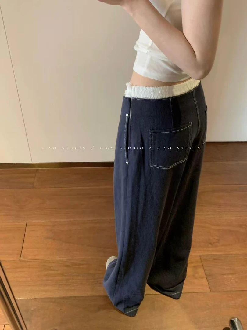 【米妮】蕾丝拼接腰头长裤女设计感小众阔腿裤