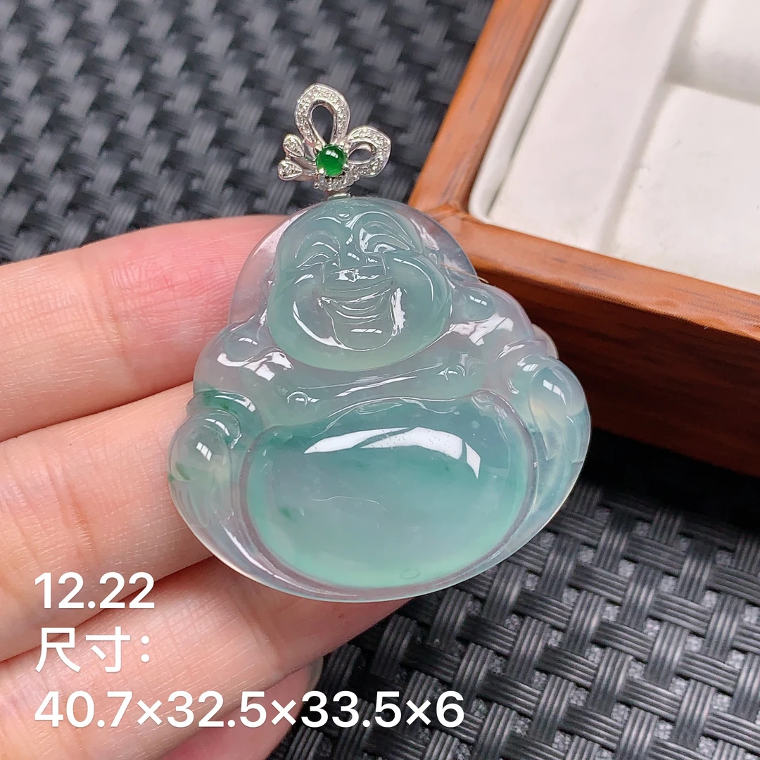 缅甸天然A货翡翠，18k扣冰种飘花佛公吊坠