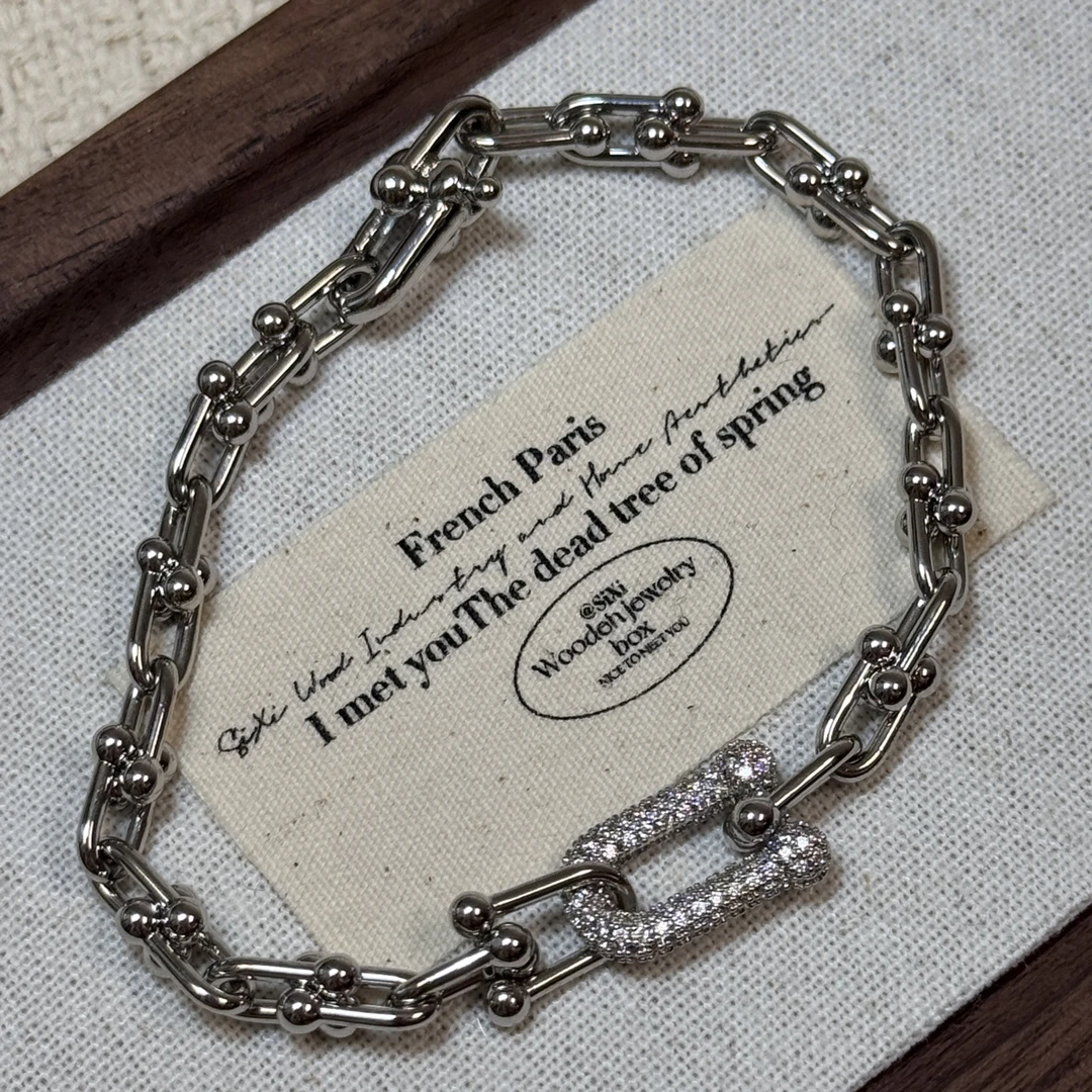 钛钢锆石手链 古巴镶钻马蹄扣U形链环情侣手链