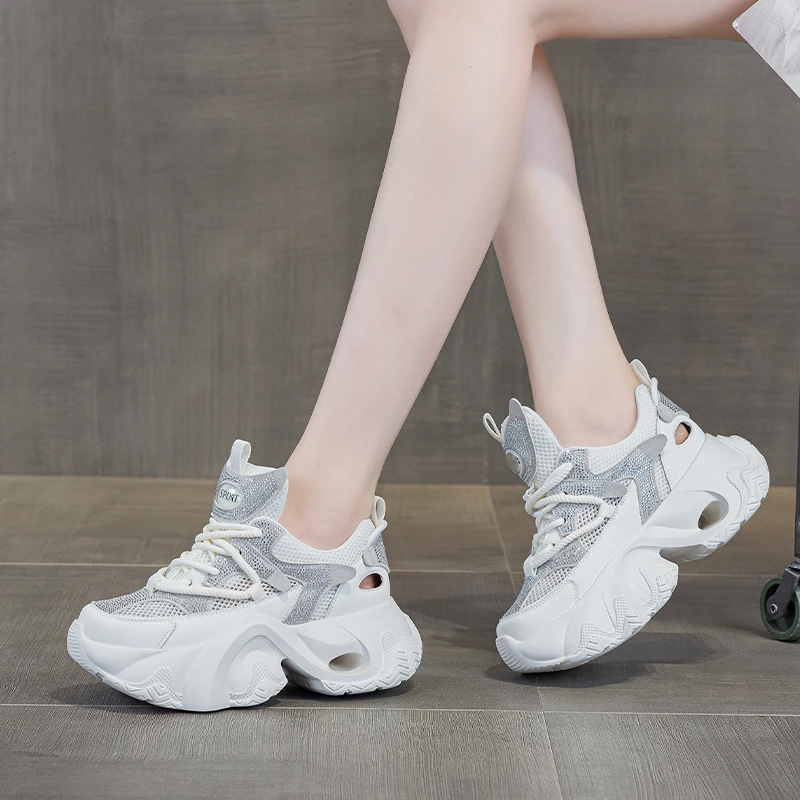 网面镂空老爹鞋女2025夏季新款百搭小个子烫钻厚底透气运动休闲鞋