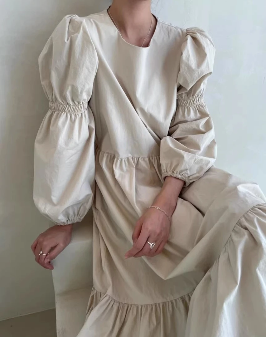 泡泡袖长裙挂脖式连衣裙气质甜美裙子小众显瘦韩版