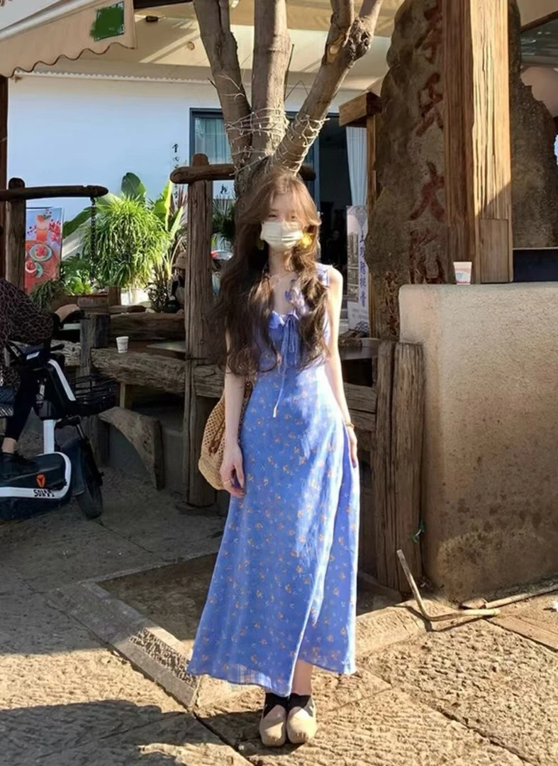 WHMT@2603 法式浪漫碎花系带花边V领背心连衣裙 6-8