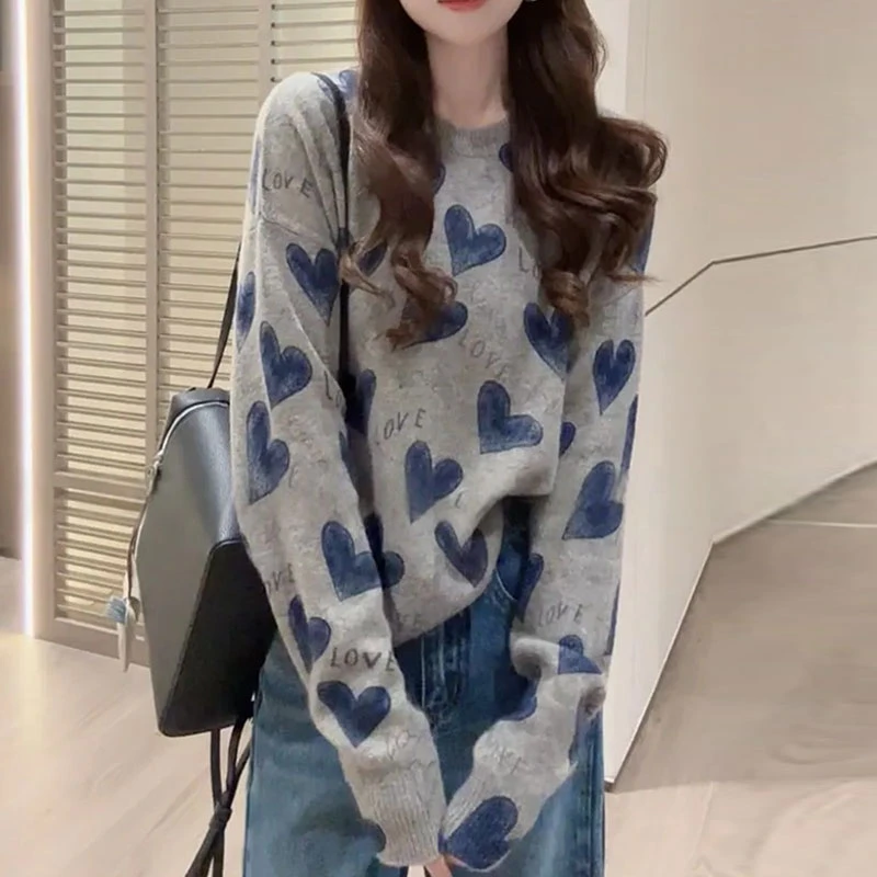 韩版慵懒风高级感字母爱心毛衣女2025秋季时尚减龄宽松长袖针织衫