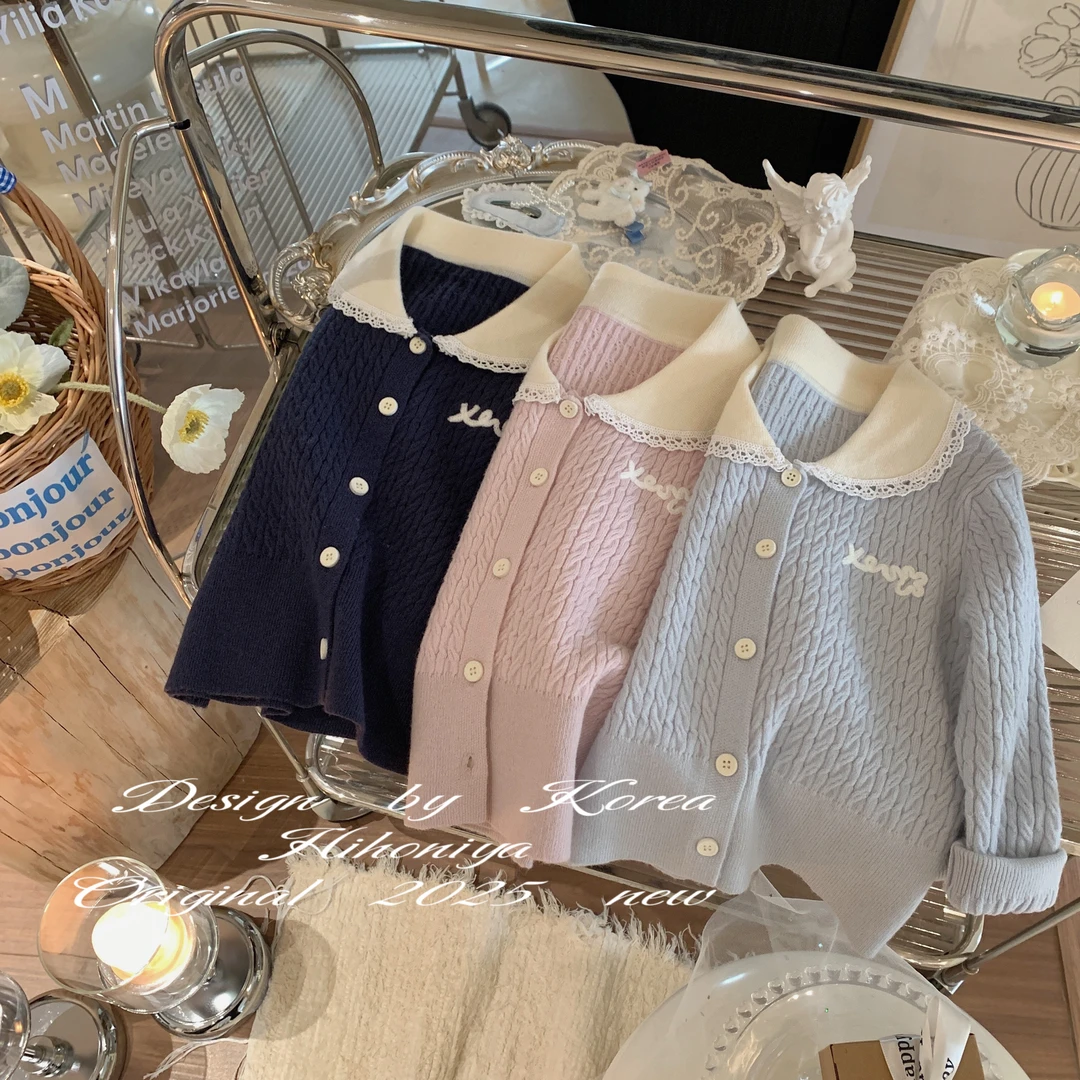 Q【蓝莓奶酪】三Hihoniya~2025春季亲子字母翻领毛衣韩版开衫