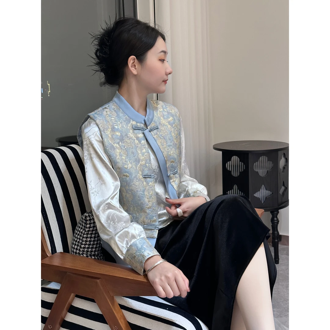 A1021#2025秋季新款女新中式国风盘扣马甲外套气质复古提花上衣