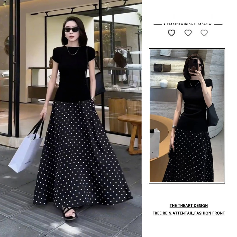 法式时尚高级感短袖T恤女夏季新款通勤温柔气质波点半身裙两件套