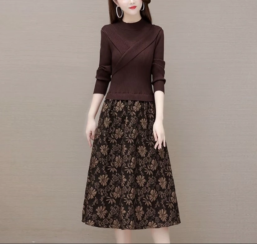 Q1055端庄优雅针织连衣裙女春秋季新款假两件2025高级感打底裙子