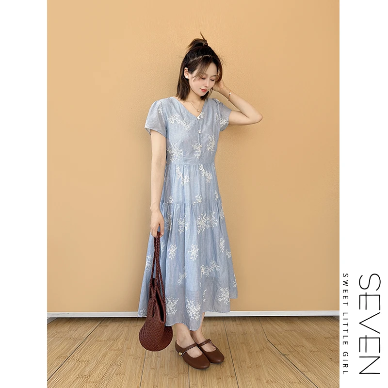 【现货】清水蓝亭⑧七七146小个子纯棉法式刺绣格子连衣裙女夏小美说