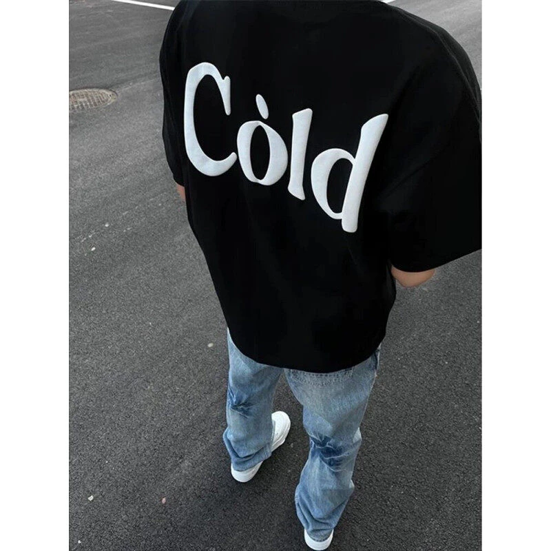 美式高街正肩短袖男女夏季发泡印花纯棉300g重磅t恤欧美潮牌半袖