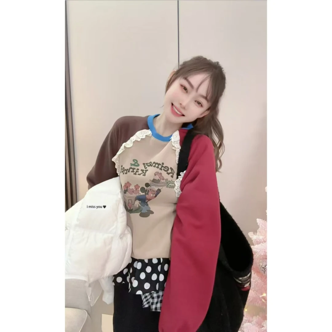 韩国INS时尚拼接袖子花边印花卫衣