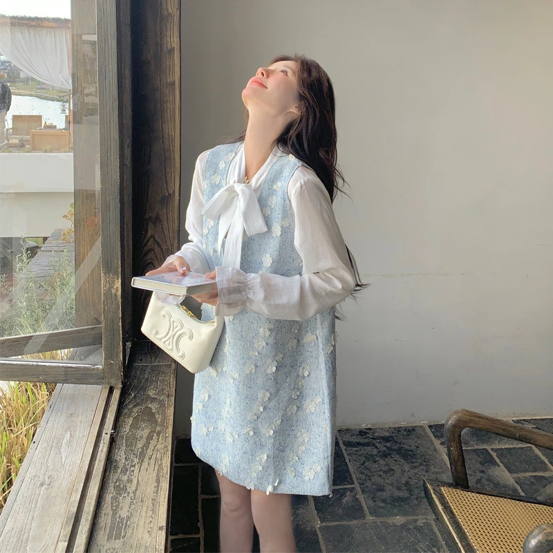 韩系甜美风立体花朵背心裙系带衬衫2025春秋新款高级感通勤风套装