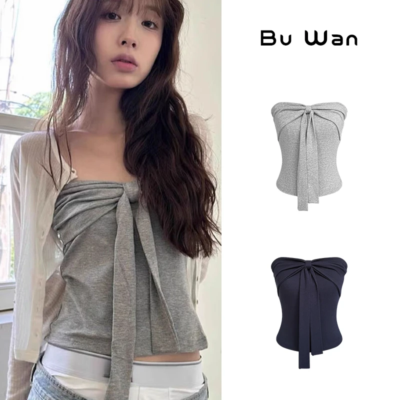 夏季纯欲风性感甜辣妹上衣蝴蝶结系带抹胸背心女X3739