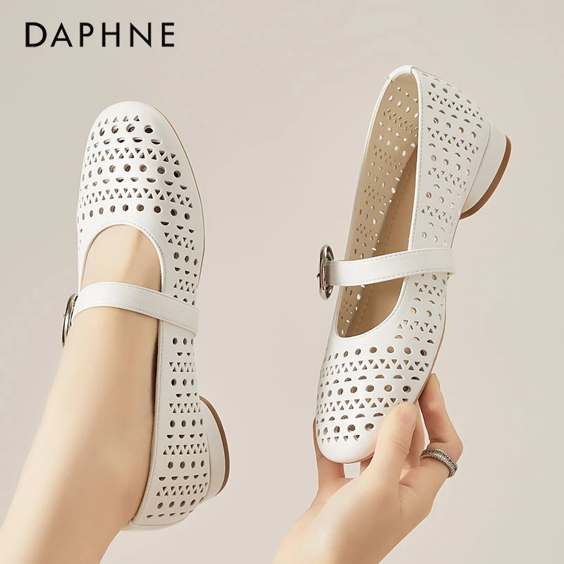 达芙妮一字带浅口玛丽珍女鞋夏季外穿镂空洞洞鞋软底百搭透气单鞋