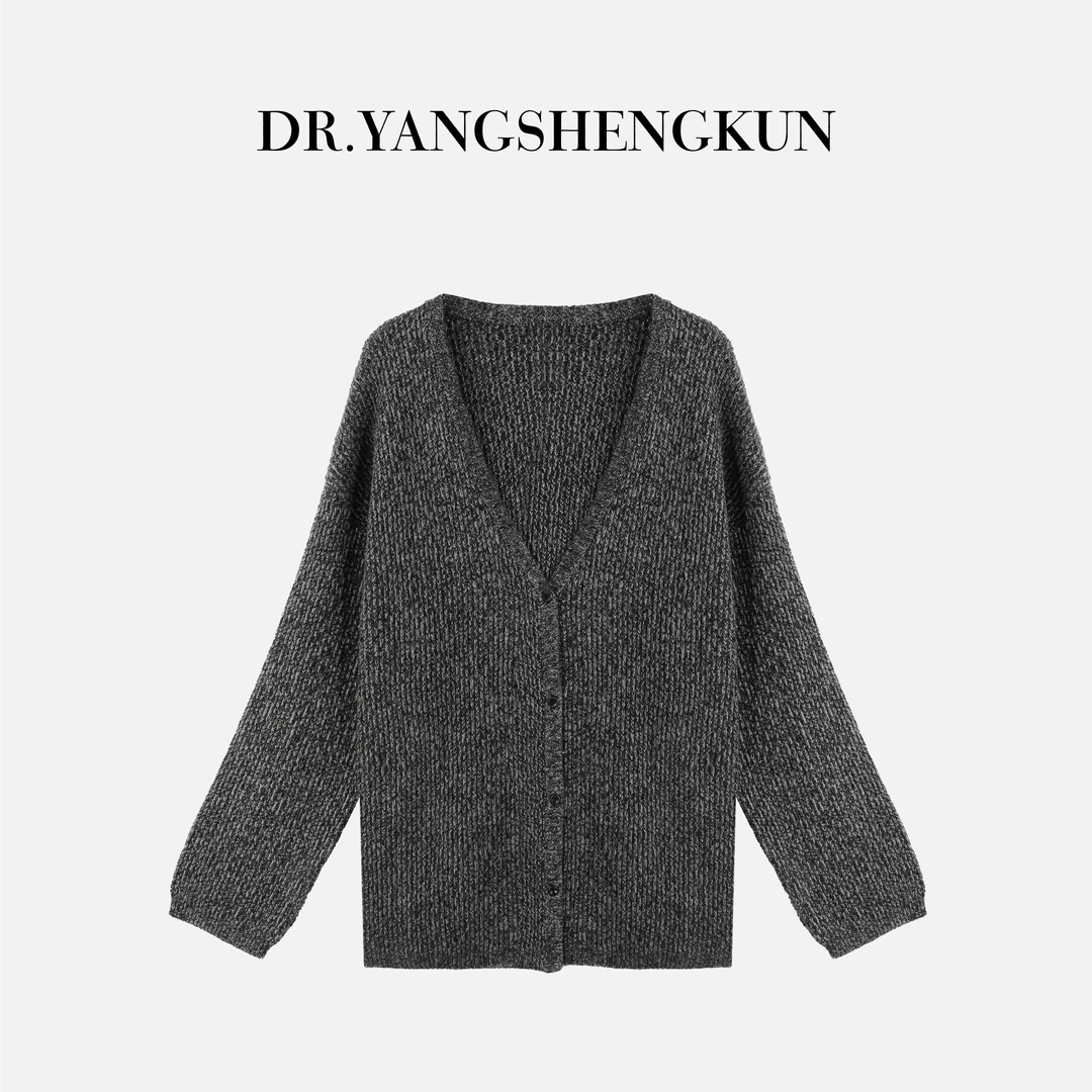 杨圣坤2025新品绵羊毛混纺慵懒风花纱系扣V领针织开衫S82592218