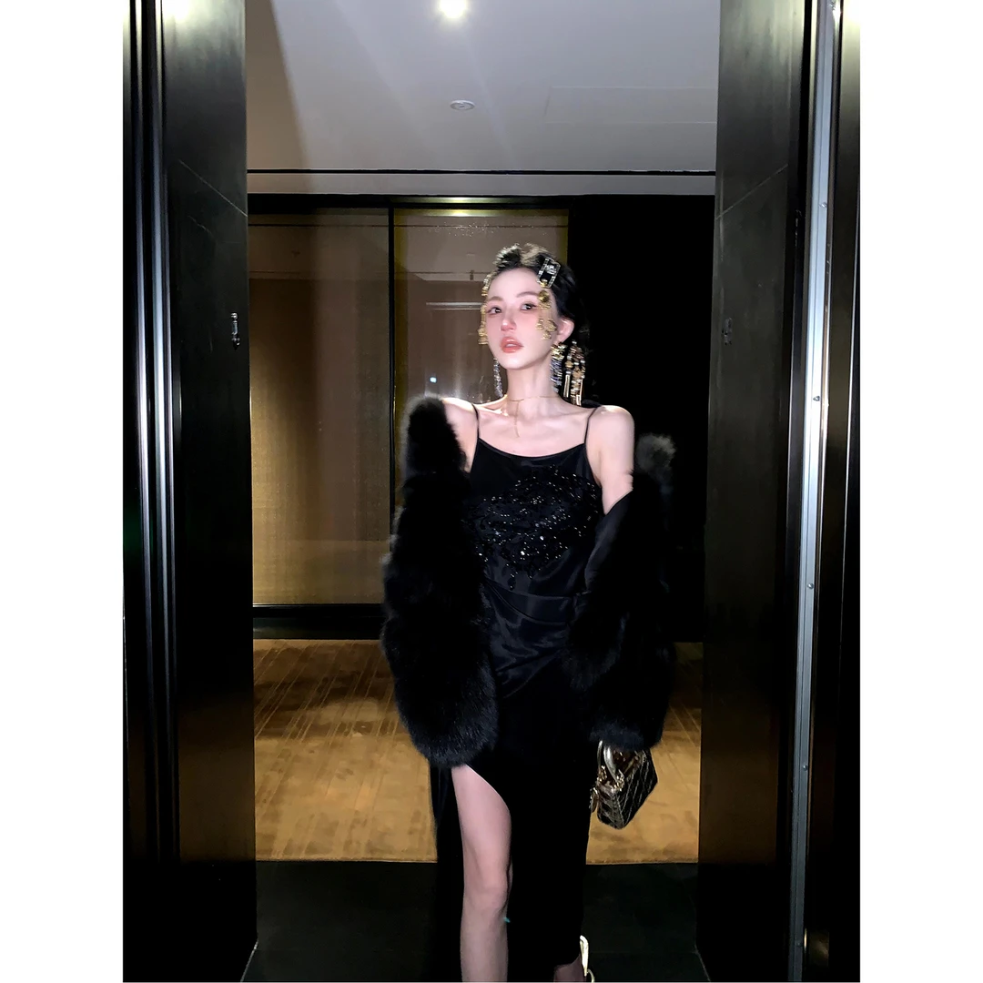 MOSS STUDIO【暮云归】国风新中式春珠绣铜氨烟墨黑吊带连衣裙女