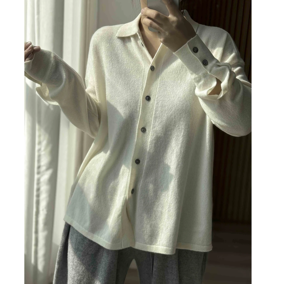 不经意的富贵感！100%纯羊绒衫女士春秋衬衣领宽松慵懒开衫女