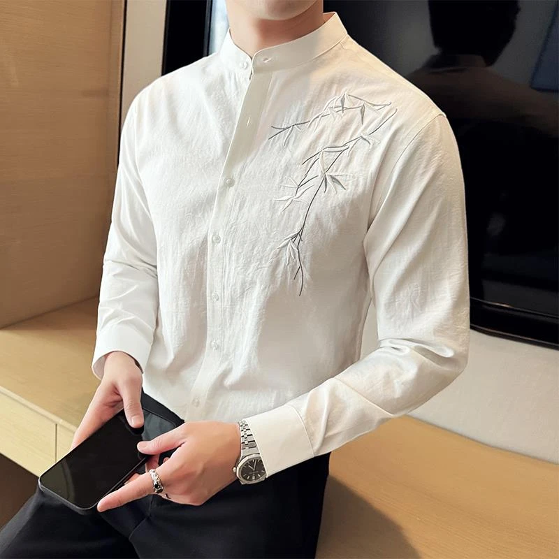 立领亚麻衬衫男长袖春春秋新中式男装中国风2025新款棉麻刺绣衬衣