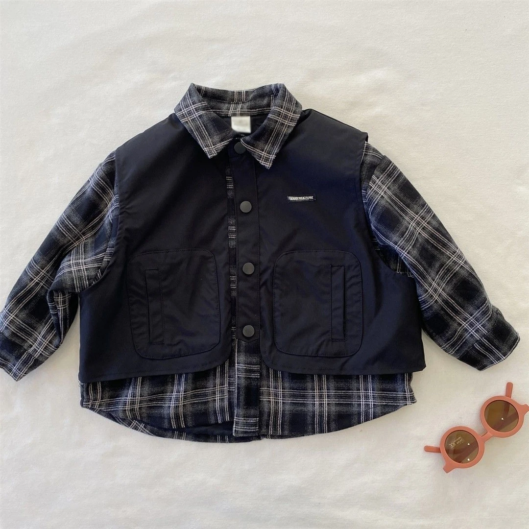 2025秋季新款男童衬衫儿童韩版拼接格子衬衫上衣百搭假两件外套潮