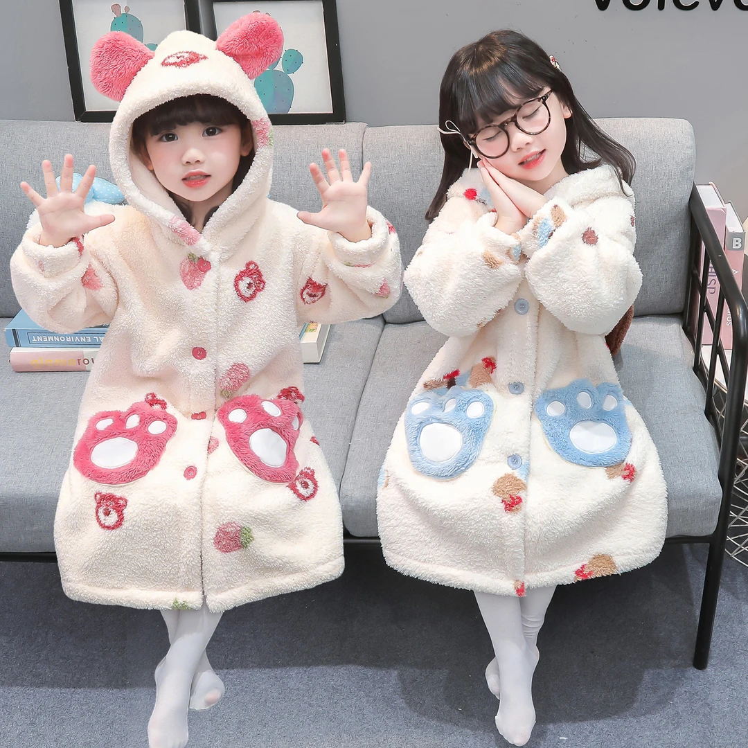 女童加厚浴袍秋冬法兰绒睡衣宝宝连帽浴衣儿童睡袍珊瑚绒家居服