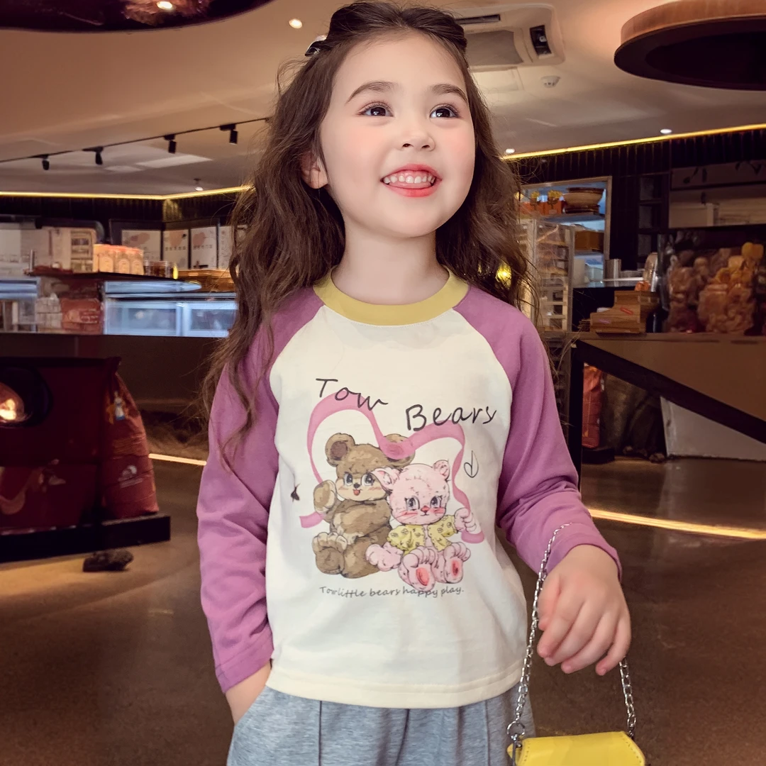 女童长袖T恤秋装2025新款儿童韩版宽松插肩袖印花上衣女孩打底衫