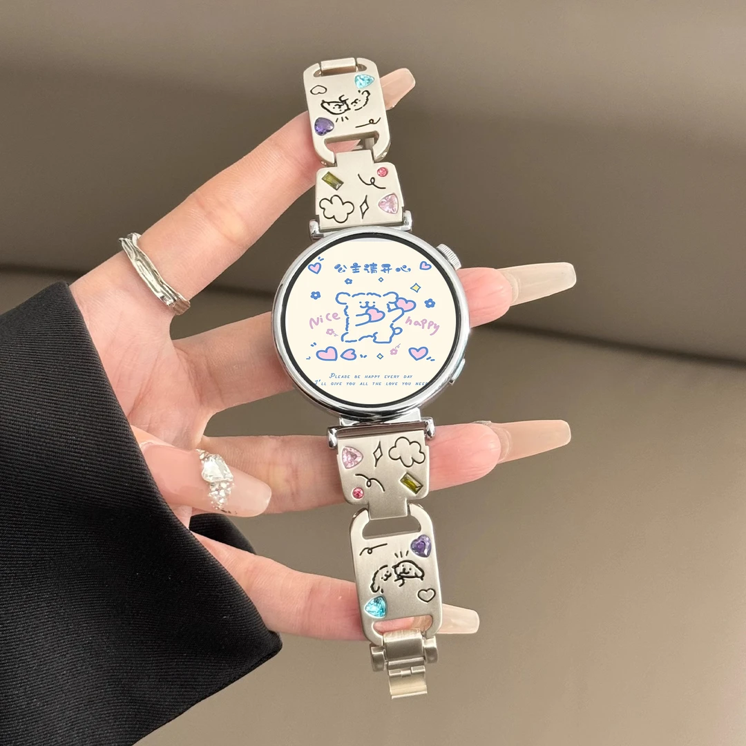 小狗彩钻适用华为gt6/gt5表带5Pro爱心猫华为gt4表带个性金属表链