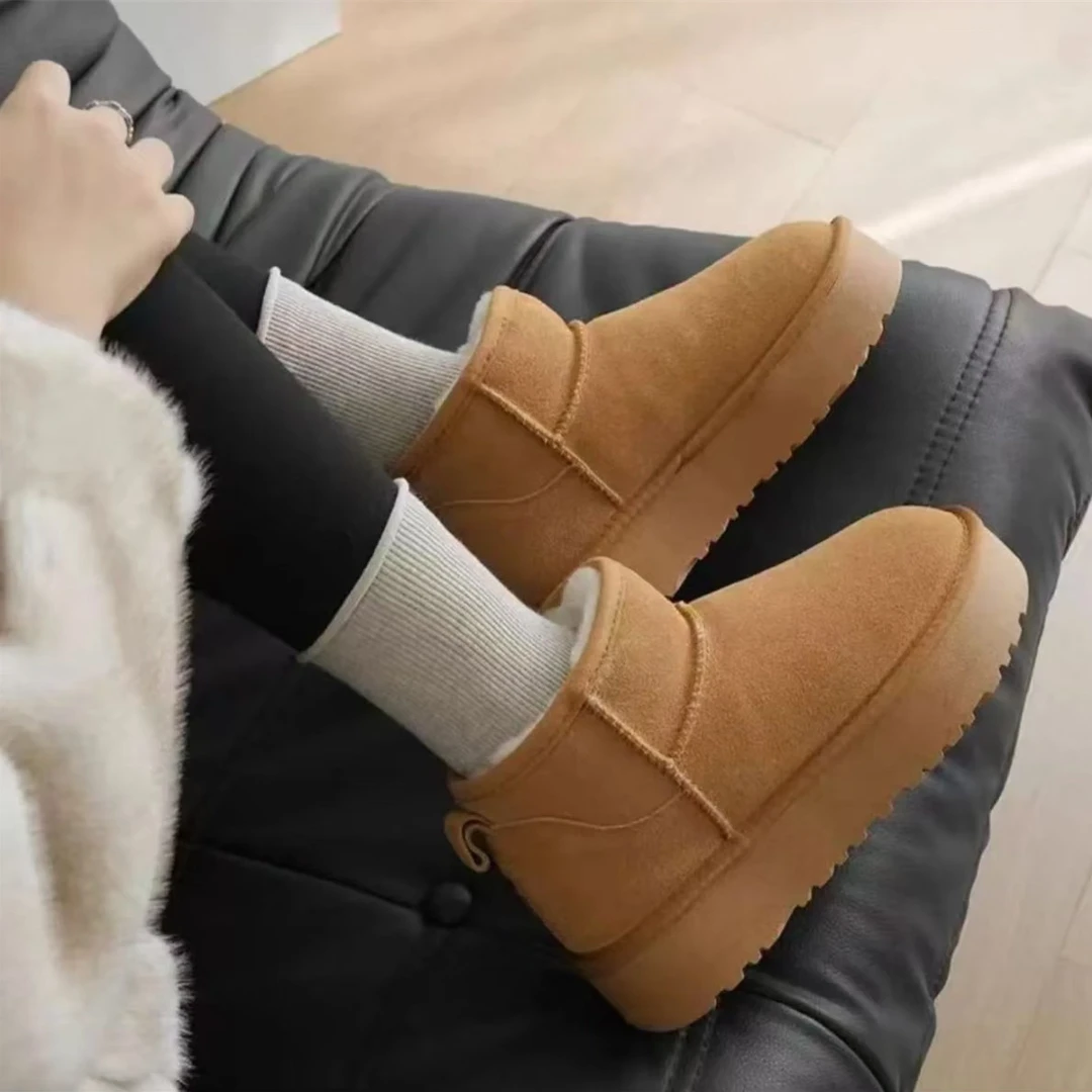 周冬雨同款真皮雪地靴加厚底短筒加绒短靴增高4CM防滑保暖女鞋